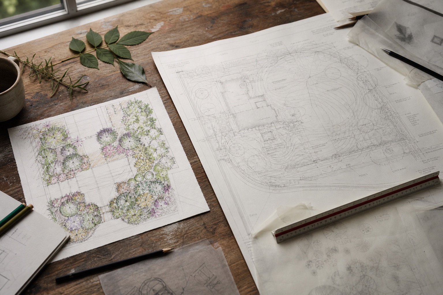 Landscape plans and planting sketches on a designer's table