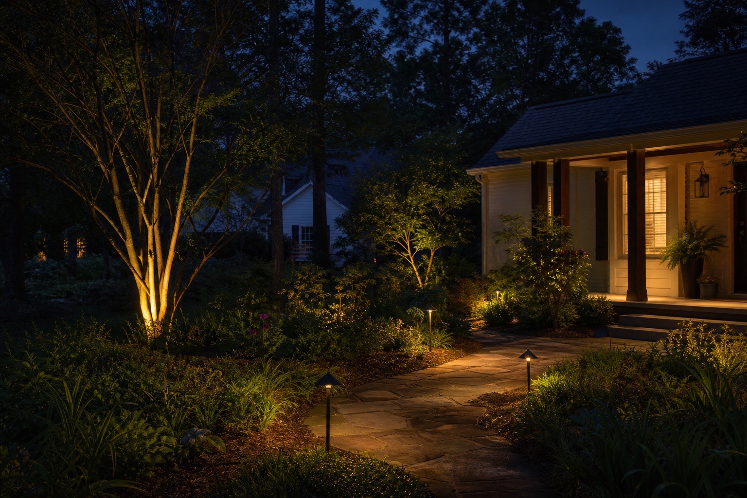 Raleigh garden at dusk with warm path and tree lighting